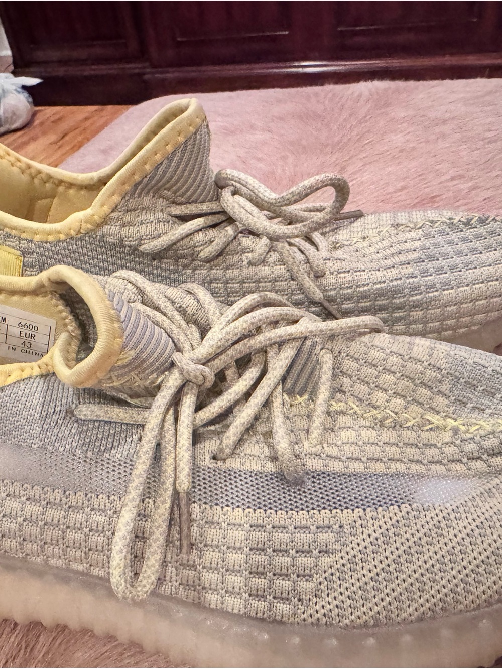 Yeezy Light Gray Knit Sneakers with Pale Yellow Trim